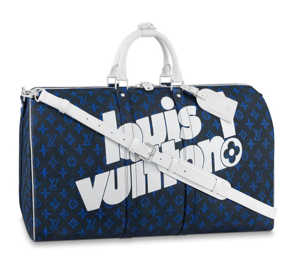 Louis Vuitton Keepall Bandouliere 55 Blue White Exclamation Weekend Travel Bag